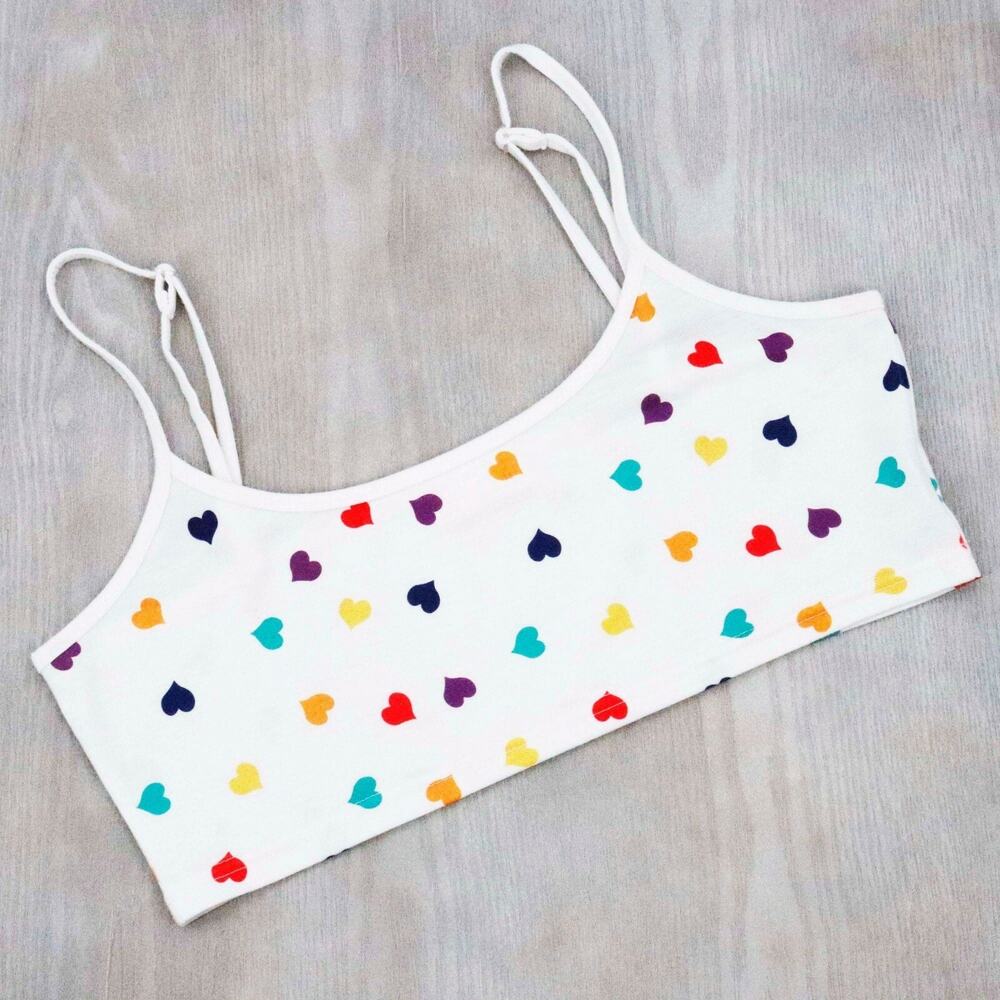 Romwe Cropped Tank Top Bralette Women 6 White Cotton Multicolor Hearts Bikini